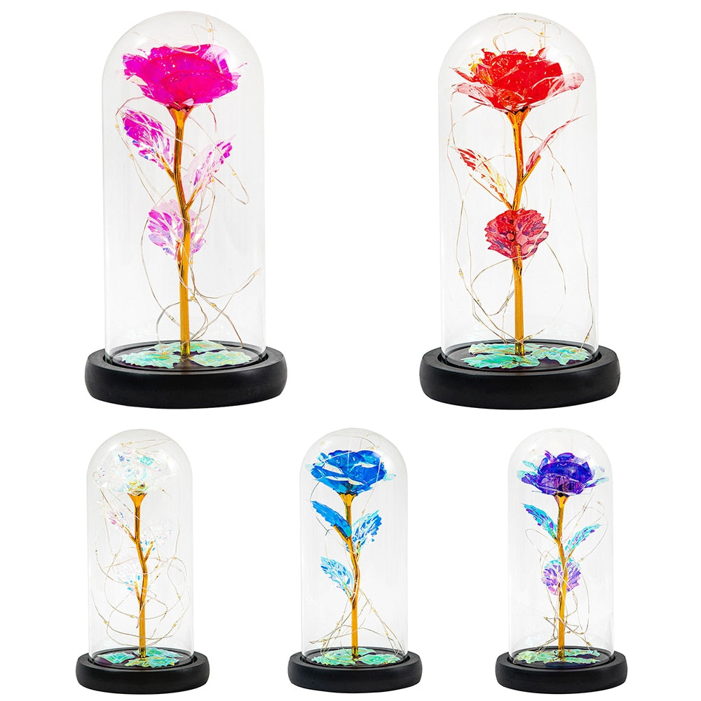 Artificial Eternal Rose LED Light Beauty The Beast In Glass Gold Foil Flower Valentine&#39;s Day Gift Enchanted Rose Fairy Lights