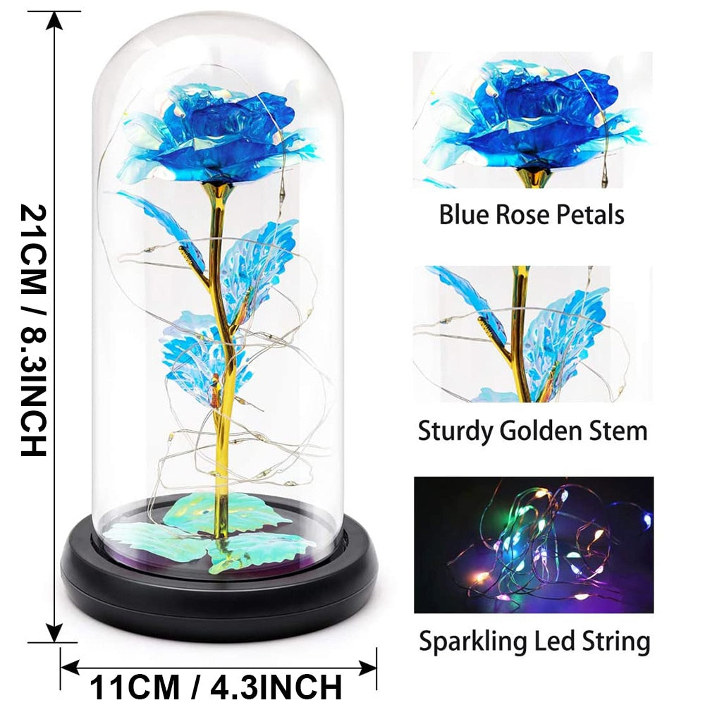 Artificial Eternal Rose LED Light Beauty The Beast In Glass Gold Foil Flower Valentine&#39;s Day Gift Enchanted Rose Fairy Lights