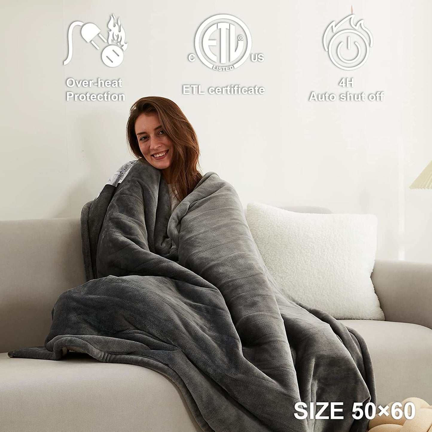Heated Electric Blanket with Quick Heating Technology and 5 Heating Levels (Machine Washable) 50 x 60 Inches;  Grey)